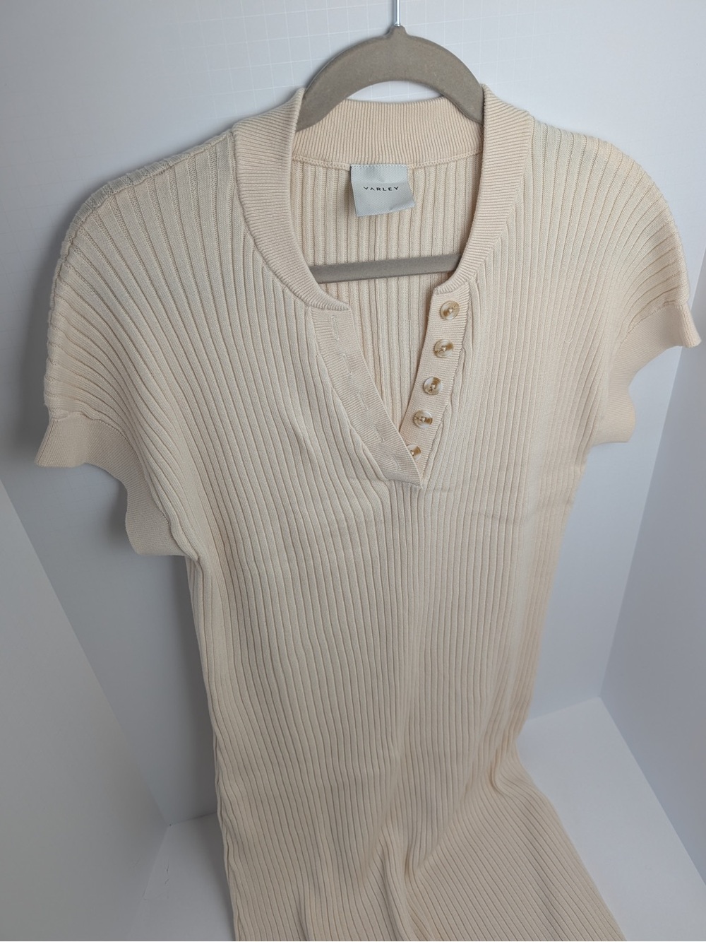 Varley Cream Ribbed Button-Front Midi Dress